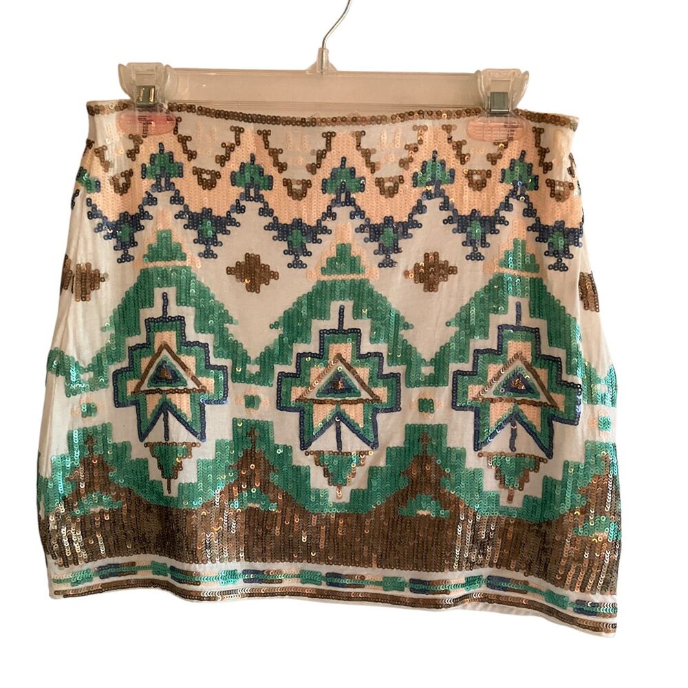 Miami Sequin Mini Skirt Aztec Southwestern Stretchy Geometric Festival Short M